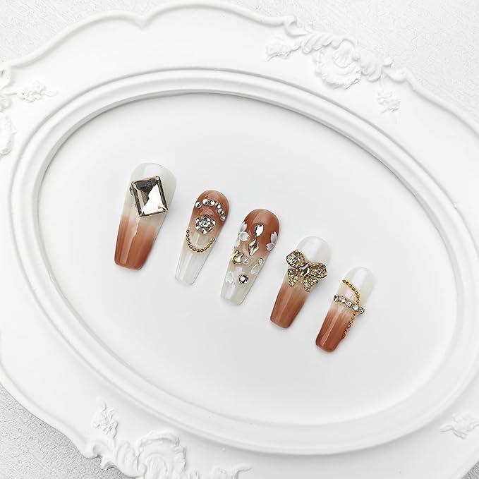 2025 Handmade Medium Nail Reusable PMMA Acrylic Press-on Nail Mixed Color Gradient w/Butterfly Petal Rhinestone Decoration Fake Nails Gifts for Women (Color Mixing Gradient, Medium)