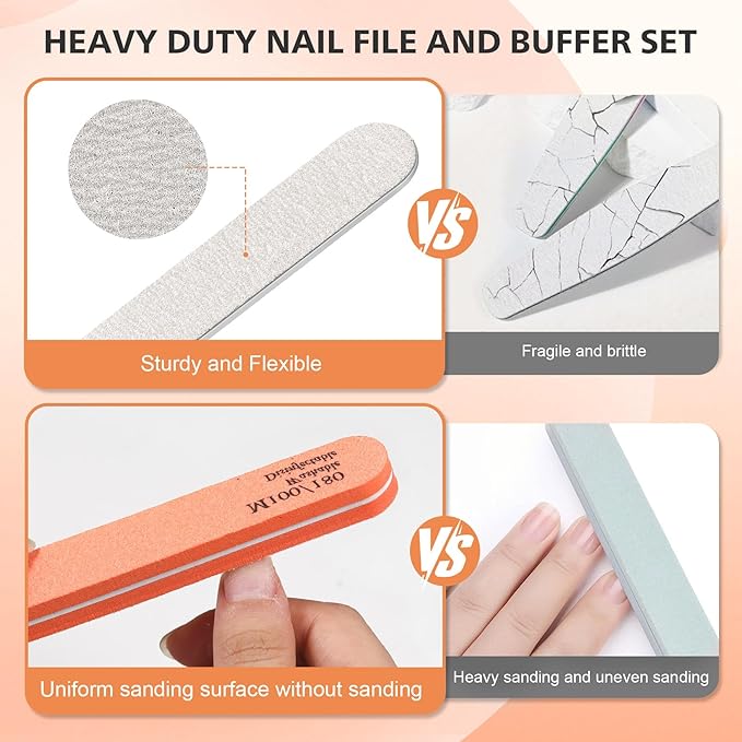 BALUCA 10-Pack Professional Nail Files & Buffers for Acrylic & Natural Nails | Double-Sided 100/180 Grit Emery Boards | Reusable Salon-Grade Nail Filer & Shine Kit for Women & Pets (Orange)