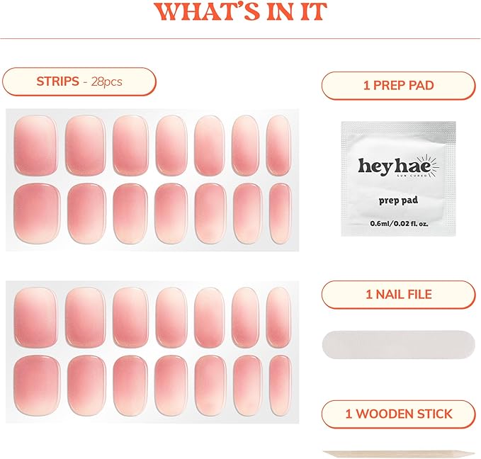 Heyhae Semi Cured Gel Nail Strips | No LED Lamp Needed | Glitter, Pink, Spring | Easy Apply & Remove, Salon Quality | Includes 28 Strips, 1 Prep Pads, Nail File & Wooden stick - Hey, Let's Go Shopping
