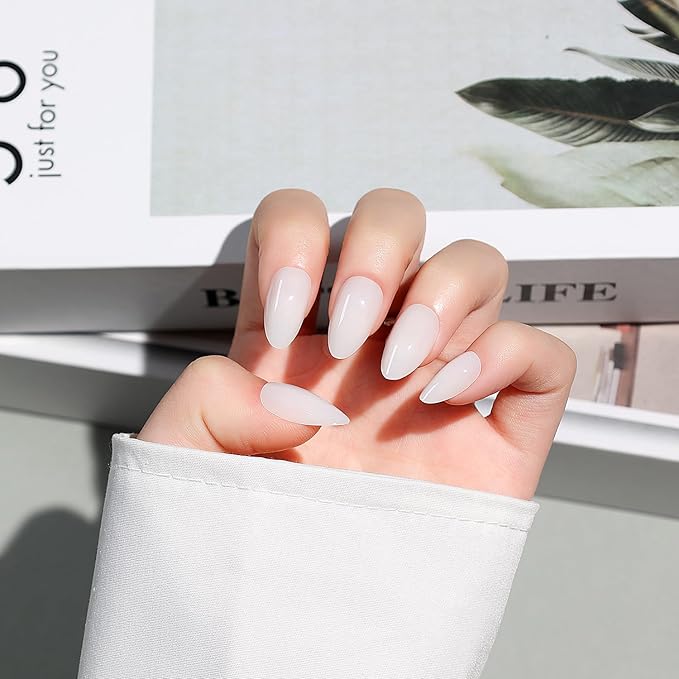 Luxbon Press On Nails with No-Cure Nail Glue and Tool Kit – Almond Acrylic Stick On Nails Soft Gel Tips 30-32pcs Full Size Set, Reusable Fake Nails for Women, Salon Look at Home, White