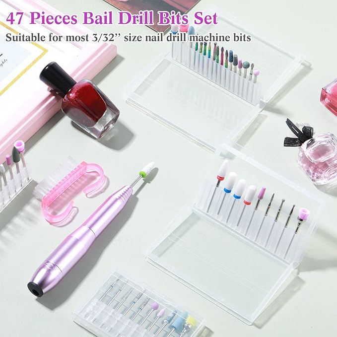 Chumia 47 Pcs Nail Drill Bits Sets 3/32 Inch Electric Diamond Ceramic Acrylic Gel Nail Bit Kit Manicure Supplies Carbide Cuticle for Manicure Drill Remover for Home Salon Gel Pedicure Tools