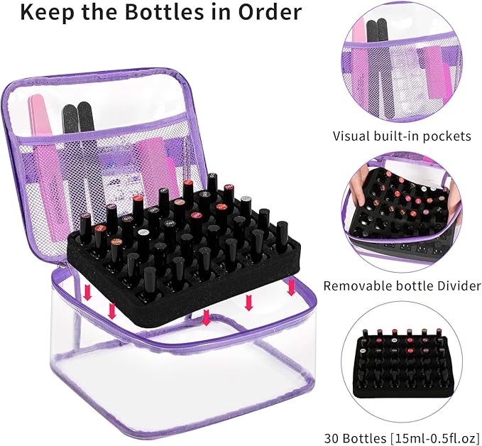 Beloving Nail Polish Organizer Bag Holds 30 Bottles (15ml/0.5 fl.oz) Portable Supplies Organizer Handbag for Manicure Tools, Portable Nail Supplies Kit Organizer Carrying Case (Purple)