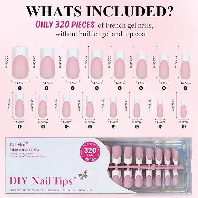 French Gel Nail Tips - Jofay Fashion French Tip Press on Nails, 10-Piece Set 320Pcs Pink long Square Nail Tips, No Need to File 3 in 1 Acrylic Fake Nails for Nail Art DIY & Nail Extension, 16 Sizes