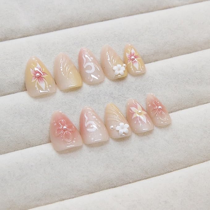 Flower Press on Nails - Almond Fake Nails - False Nails with Designs 3D Floral - Acrylic Glue on Nails - Spring Stick on Nails for Women Cute Stick on Nails 24Pcs