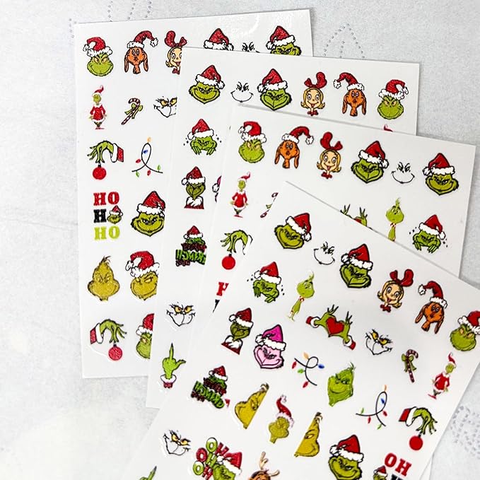 4 Sheets Christmas Nail Art Stickers Cute Green Monster 5D Self-Adhesive Xmas Nails Decals Designs Winter Funny Cartoon 3D Christmas Nail Stickers Decals Supplies for Women Nail DIY Art Decoration