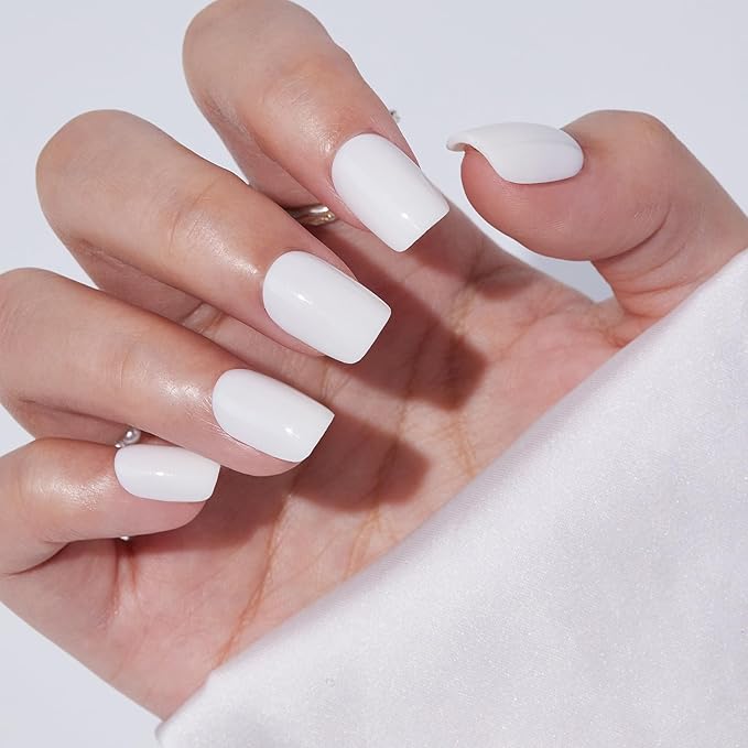 Press On Nails - Findigit Short Square White False Stick Glue On Nails, Reusable Stick On Fake Nails with Glue Salon Quality 16 Sizes - 32 Nail Kits, White Swan