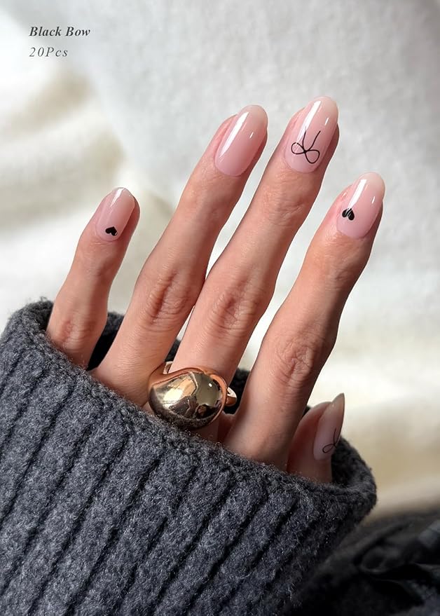Semi Cured Gel Nail Strips (Black Bow), Jelly Nude, 20 Pcs Gel Nail Wraps, Stickers, UV Light Required, Salon Quality, Long Lasting