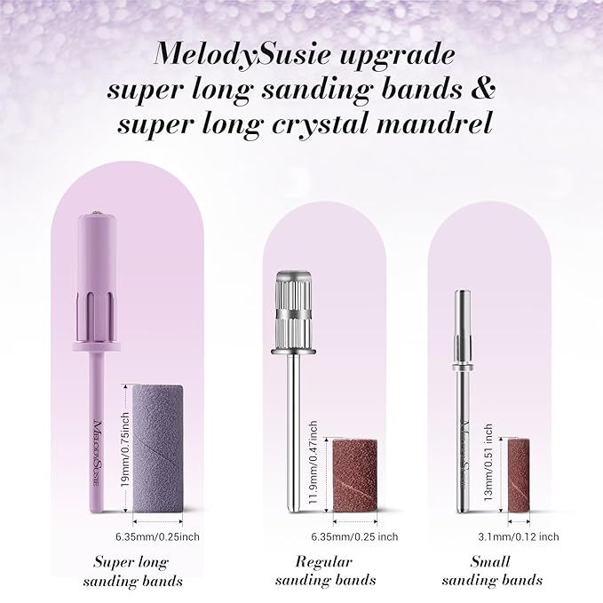 MelodySusie 50 Pcs Nail Drill Bits Super Long Sanding Bands with 6.65mm Crystal Mandrel Bit, 240 Extreme Fine Grit Nail File for Acrylic Nails Gel Manicures and Pedicure, Purple