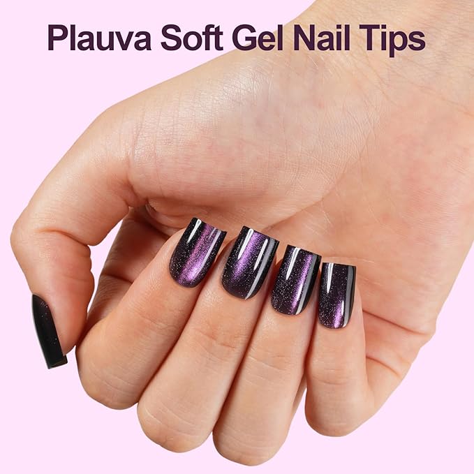 150Pcs Cat Eye Press on Nails, Plauva XS Short Square Cat Eye Nail Tips, Glossy Glitter Fake Nails, Soft Gel Stick On Nails for Women and Girls 15 Sizes