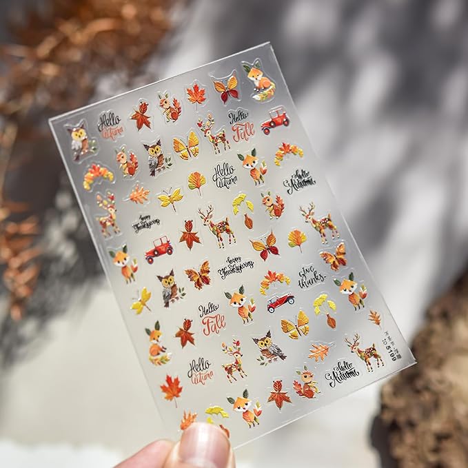 Fall Nail Art Stickers 5D Embossed Fox Nail Stickers 3D Self-Adhesive Squirrel Nail Decals Autumn Elk Owl Nail Designs Orange Maple Car Nail Art Decoration for Women Girls Manicure 1 Sheet