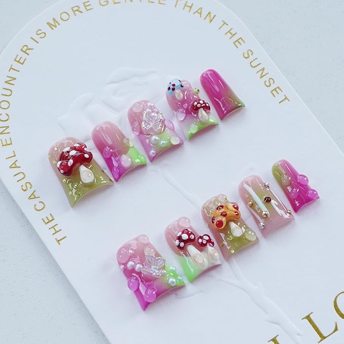10pcs Handmade Press on Nails Medium Duck Curve Shape – 3D Floral Mushroom Jelly Shell Bow Cherry Chrome Bling Thick Reusable Fake Nails,Boho Y2K Aesthetic Accessories (mushroom, S)
