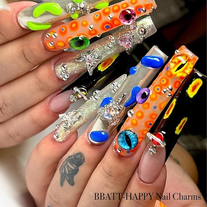 240PCS Nail Charms for Acrylic Nails，Junk Nail Theme Eye Pill Puncture Dice Billiards Silver Half Round Pearl Nail Decorations ，Nail Accessories for Nail Art Supplies Manicure DIY