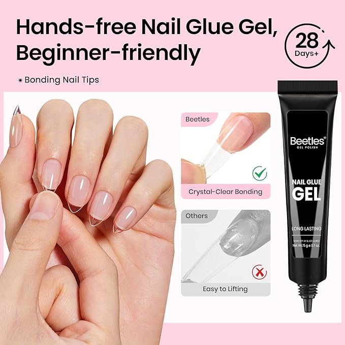 Beetles Gel Nail Kit Flat-X, Almond Short, 320pcs 16 Sizes Nail tips, with 15g Nail Glue Gel Hands-Free, 7.5ml Base Gel & Top Coat, Mini Lamp, for Acrylic Press On Nail, Extension DIY Set at Home