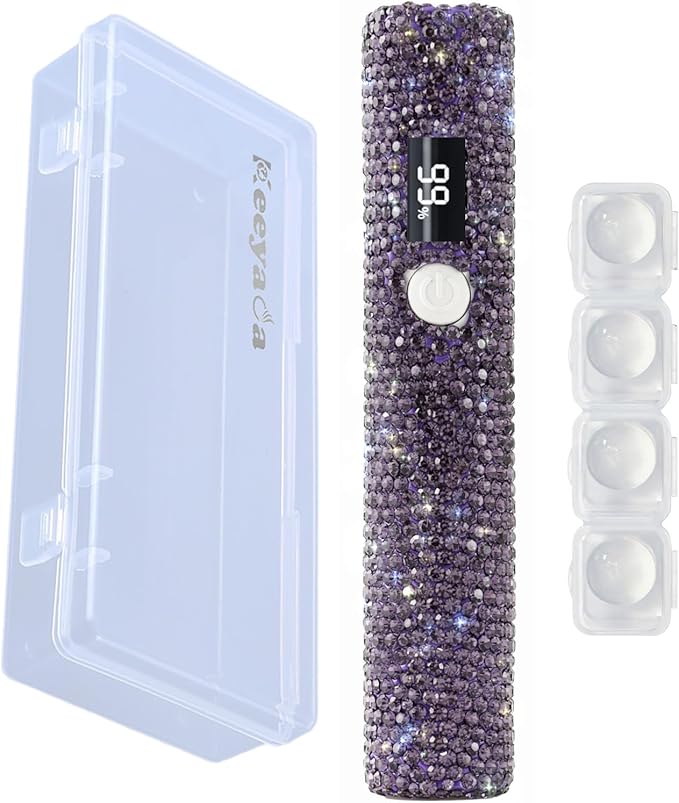Handheld UV Nail Lamp with Sparkly Rhinestones, 3W Portable LED Nail Lamp, Wireless Rechargeable USB Nail Dryer with Silicone Stamper, LCD Display, Ideal for Home DIY Manicures (Purple)