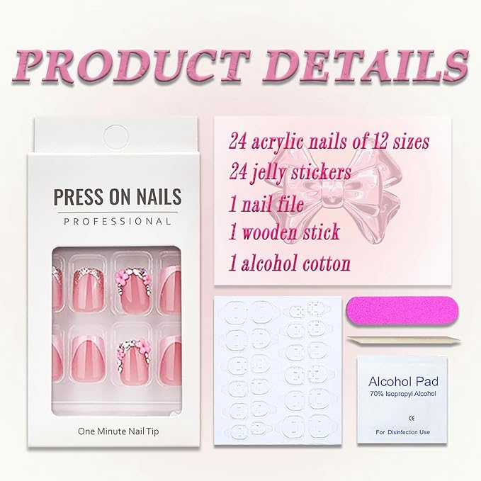 Cute Press on Nails Short Square French Tip Fake Nails Flower Pearls Bow Charms False Nails with Designs MABKJLF Pink & White Glossy Glue on Nails Stick on Nails Acrylic Nails for Women Girls 24Pcs