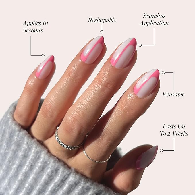 Valentines Day Glamnetic Press On Nails - Better Half | Glossy, Semi-Transparent Short Almond Nails with Pink Accents, Salon Quality | 15 Sizes - 30 Nail Kit with Glue