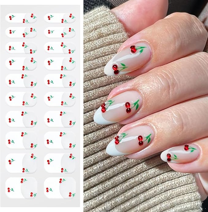 JMEOWIO Gel Nail Stickers Cherry French Tip Semi Cured Gel Nail Strips Wraps UV/LED Nails Art Design Decoration Accessories