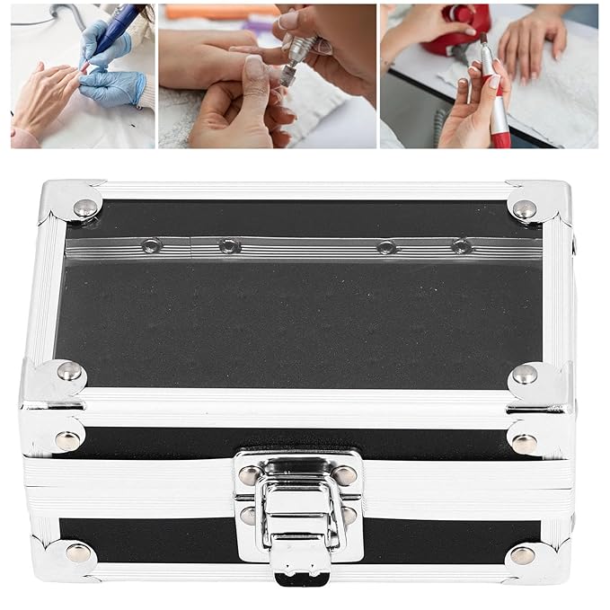 Dioche Nail Drill Bits Holder Dustproof Drop Resistant Multi Hole Storage Box for Nail Drill Bits - Durable Aluminum Alloy Container with Secure Lock and Transparent Cover