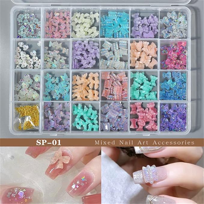1 Box 3D Cute Bear/Bow Ties/Butterfly Resin Nail Art Decorations Aurora Flowers Designs Holographic Nails Ornaments Skirt Nail Supplies for Nails Glitter DIY Manicure Accessories