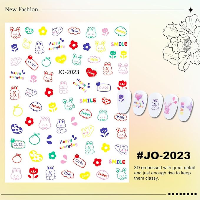 12 Sheet Cartoon Nail Sticker for Nails Art 3D Embossed Self-Adhesive Cute Bear Flower Bunny Duck Fruit Nail Decal Design Supplies for Women DIY Manicure Art Decoration YX1244