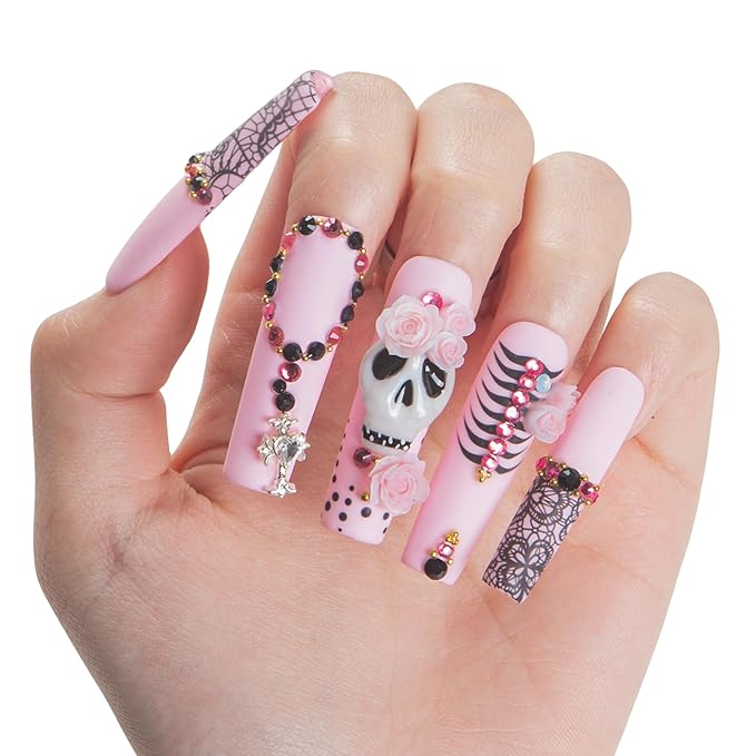 Lovful Halloween Press On Nails with Skeleton | Mid Length Handmade Acrylic Press ons | Reusable Stick on Nails | Square Mid length 1.7in | H660-M