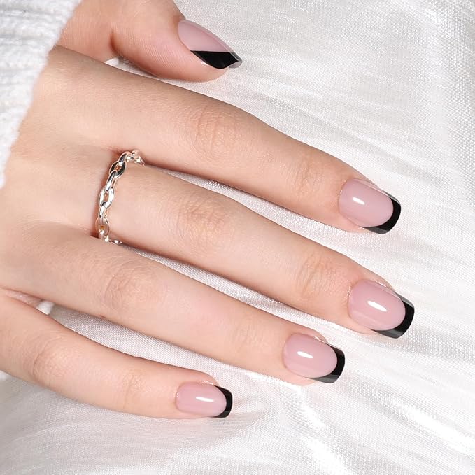 Black French Tip Press On Nails - Short Square Press On Nails, Reusable Glue On Nails with Natural Fit, 30 Pieces 15 Sizes False Nail Kit for Women, Black French Tip - Square