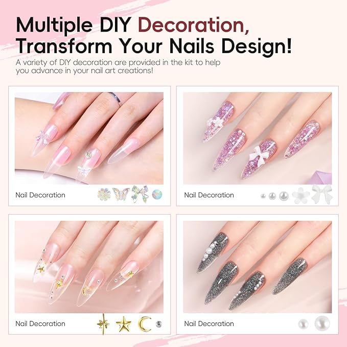 PEACECOLOR 24Pcs Poly Nail Gel Kit Starter Kit with Nail Lamp 6 Colors Pink Nude Black Poly Nail Extension Gel with 3Pcs Glossy/Matte Top Coat Nail Rhinestones DIY Home Gifts for Women