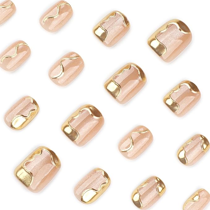 Nude Cat Eye Press on Nails Short Square, Irregular Chrome Gold Line Glitter Acrylic Fake Nails, Salon Quality Reusable Magnetic Press Ons, Daily Wear Nail Kit Gift for Women Girls