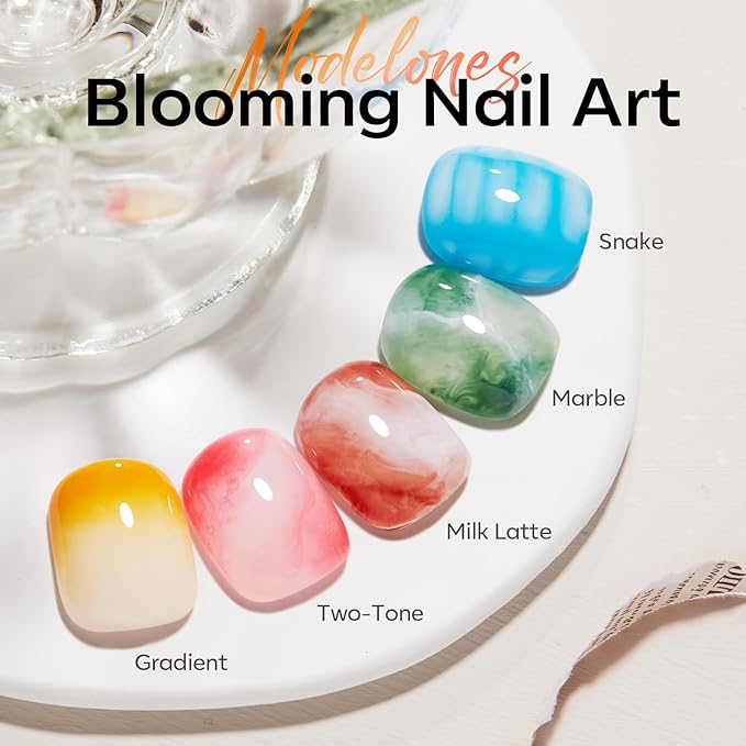 modelones Gel Top Base Coat and Blooming Gel Polish Set, 15ML 3PCS Clear Tortoise Bloom Marble Aura Painting Nail Art No Wipe Super Shiny Top Base Coat Soak Off U V DIY Manicure Gift for Women