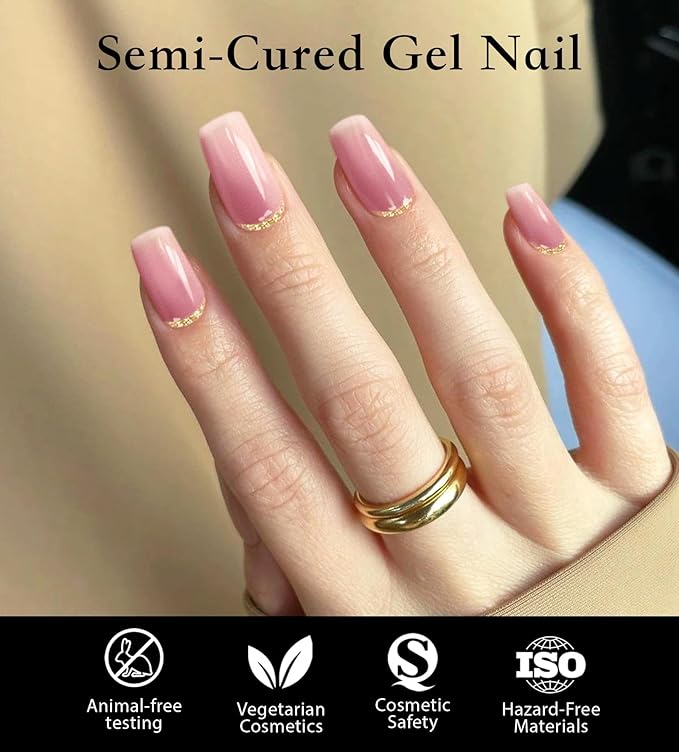 Semi Cured Gel Nail Strips - UV Light Gel Nail Stickers - 20 Long Lasting Salon Quality Wraps (Enigmatic Pink Glint)