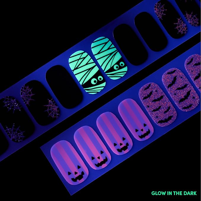 Dashing Diva Gloss Nail Strips - My Boyfriend Jack - UV Free, Chip Resistant, Long Lasting Gel Nail Stickers - 3-Piece Halloween Glow-In-The-Dark Manicure Set - Contains 32 Wraps, 1 Prep Pad, 1 File