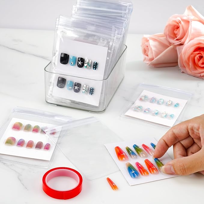 Press On Nail Storage Set,30 PVC Ziplock Bags, 30 Nail Art Cards, a Roll of Transparent Double-Sided Tape and an Acrylic Storage Box
