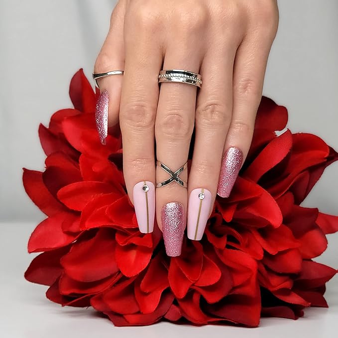 Hypnaughty 24 Pcs Pink Fantasy Matte and Glitter Design with Rhinestones Luxury Coffin Press on Nails with Glue Medium Long Reusable False Nails (Pink Fantasy)