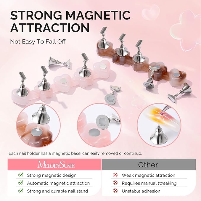 MelodySusie Nail Stand for Press Ons, Flower and Heart Shape Magnetic Base for Painting Display with Brush Holder and 100 Pcs Reusable Double-Sided Tape for Home DIY Salon Supplies, Pink and Coffee