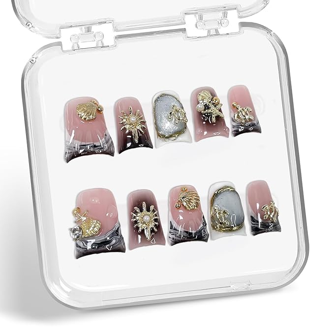 Handmade Press on Nails Thicked Acrylic Fake Nails Gray Gradient French Tip False Nail with 3D Golden Seashell Starfish Sea Turtle Designs Full Cover Short Duck Acrylic Nail for Women（S)