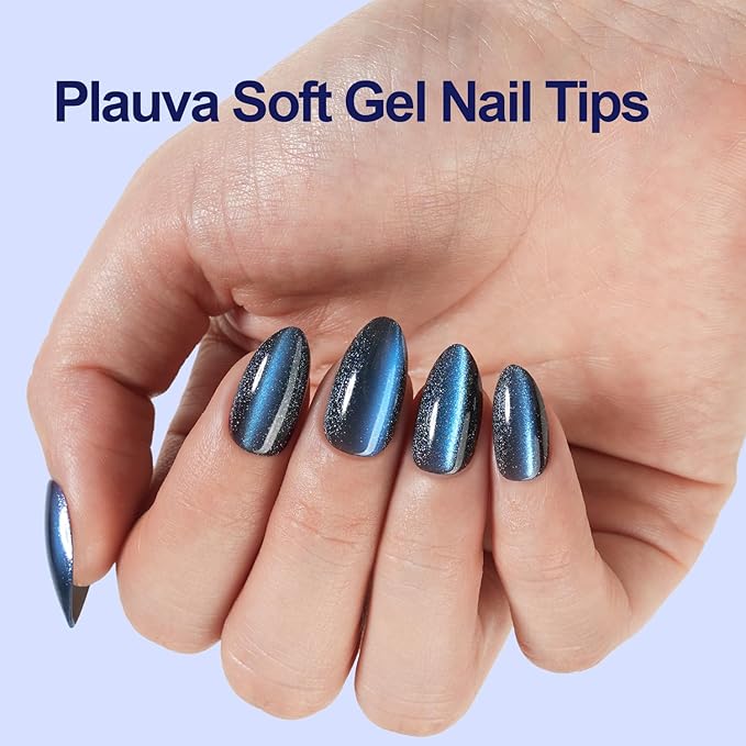 240Pcs Cat Eye Press on Nails Medium Almond, Plauva Soft Gel Fake Nails, Glossy Glitter Cat Eye Nail Tips for Women and Girls Stick On Nails in 12 Sizes