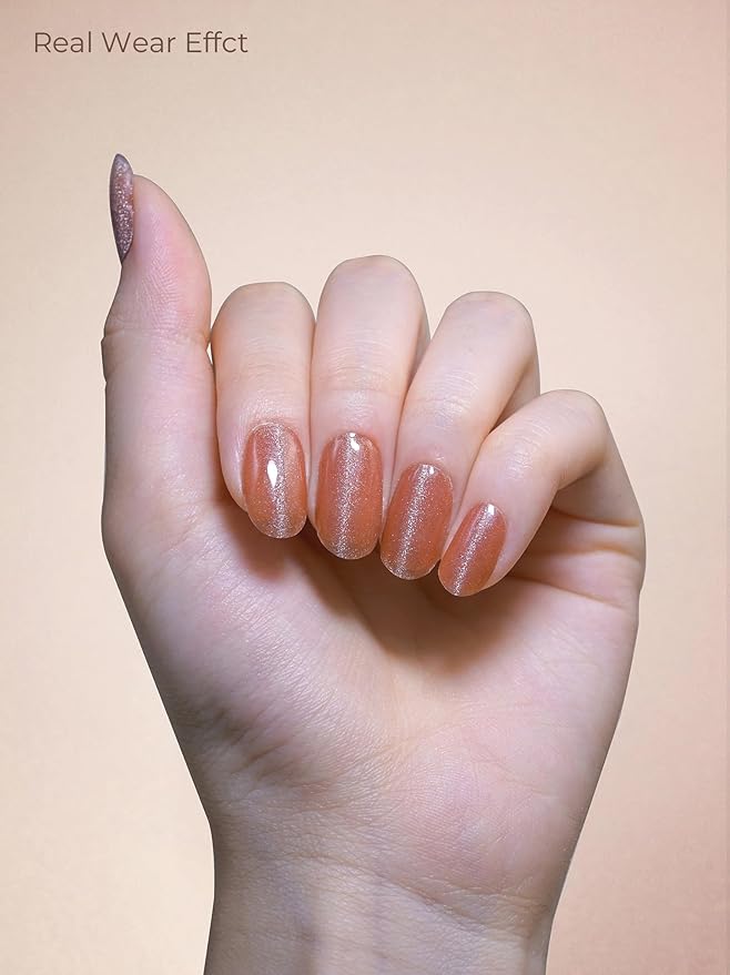 Real Gel Nail Strips (No UV Light Needed) - 44Pcs Salon Quality Nail Stickers - Long Lasting Polish Wraps for Women, Easy Apply & Remove (Pink Gold Shimmer)