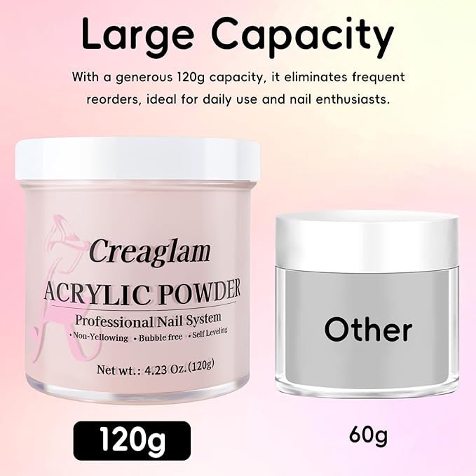 Acrylic Powder 120g 4.23oz No Lamp Needed for Nail Extensions, Bubble Free Formula Acrylic Nail Powder for 3D Art Sculpting Tips, Long Lasting Salon Quality Manicure