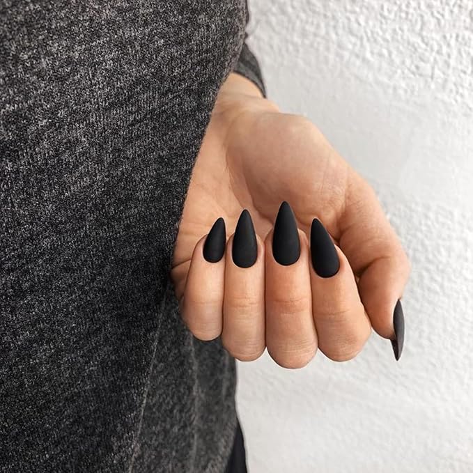 Matte Black Press on Nails Almond Shaped 48Pcs Neutral Fake Nails for Women, Medium Almond Nails Press on Reusable Acrylic Nails Glue on Medium Length Stiletto False Nails Gel Artificial Nails