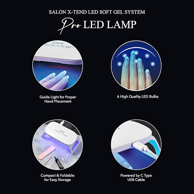 KISS Salon X-tend Pro LED Lamp, LED Gel Nail Kit System, 10 Watts, For Curing Salon X-tend Press On Nails, Wide Coverage, LED Hand Guide, USB-C Power Cord Included