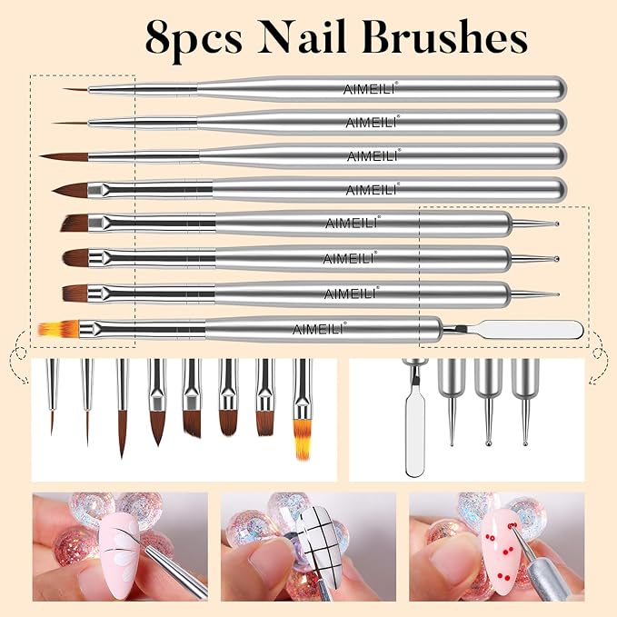 AIMEILI Nail Art Brushes for Nail Polish Gel, 8 Pcs Fingernail Art Design Pens, Dotting Pen Clean Up Liner French Nail Brush DIY Manicure Tools Gift