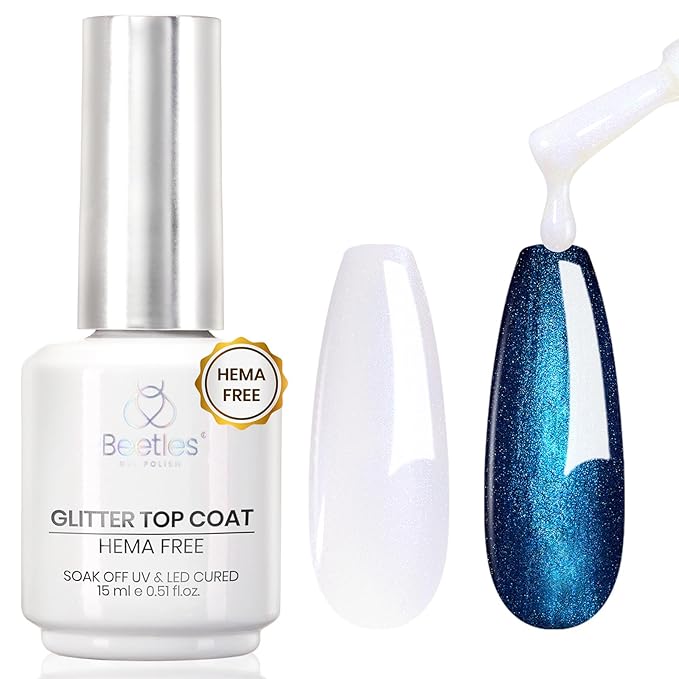 Beetles 15ml Hema Free Glitter Top Coat Gel Polish, Shimmer-Like Gel Nail Polish No Wipe Top Coat Sparkly Long Lasting, Soak Off U V LED Pearl Finish Nail Art Manicure Gifts for Women