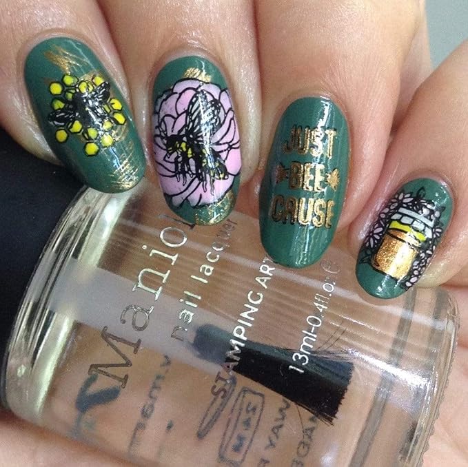 Maniology Bee Nail Stamping Plate | Sweet Honeybee & Beehive Designs for Cute Nature-Inspired DIY Manicures – Reusable, Rectangular Stainless Steel Nail Art Template
