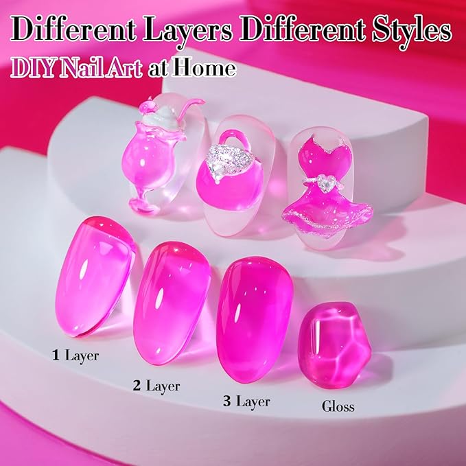 Double Rhythm 0.5 Oz Jelly Gel Polish Same Color Same Bottle Sheer Neutral Natural Light Milky Pastel 15ML Translucent Polish Art DIY at Home (Neon Pink-A1642)