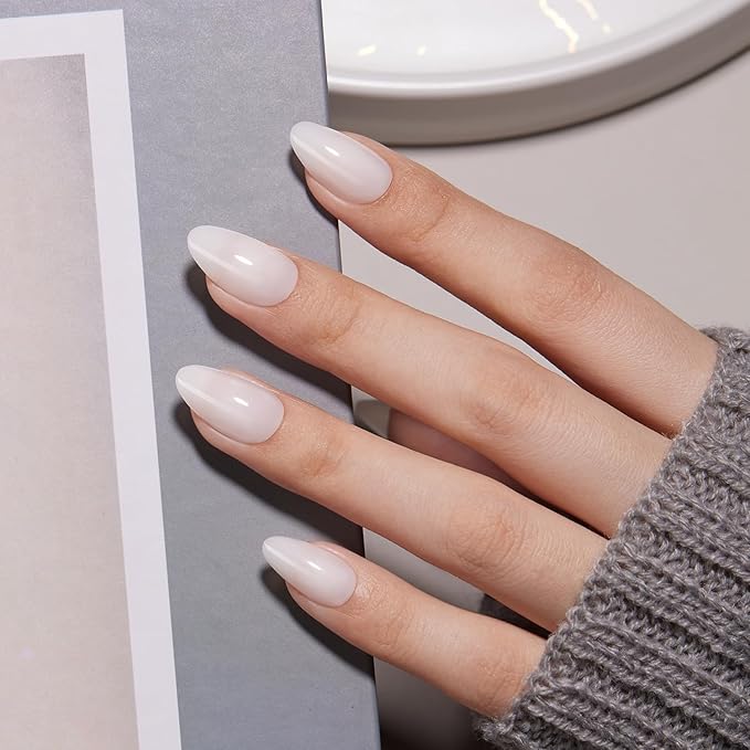 VSALON Almond Short Press On Nails, Milky White Light Curable Sheer Jelly Finish False Nails, Reusable Gel Glue on Nails Kit with Glue - 32 pcs in 16 Sizes