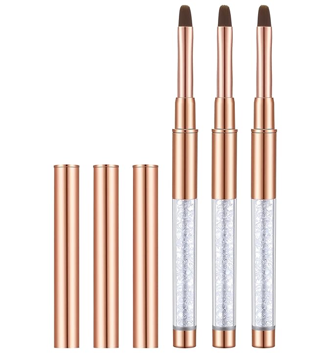 3Pcs Builder Gel Brush, Oval UV Hard Gel Brush for Nail Brushes with Rhinestone Handle, Nails Art Design Perfect for Builder & Polish, Rose Gold