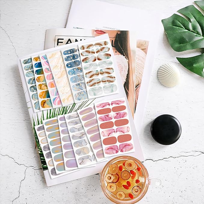 WOKOTO 20 Sheets 280 Pieces Marble Design Gradient Gel Nail Polish Strips, Full Wraps Stick On Press On Nails for Women Gradient Nail Art Gel Stickers Wraps, Easy Application, Salon Quality