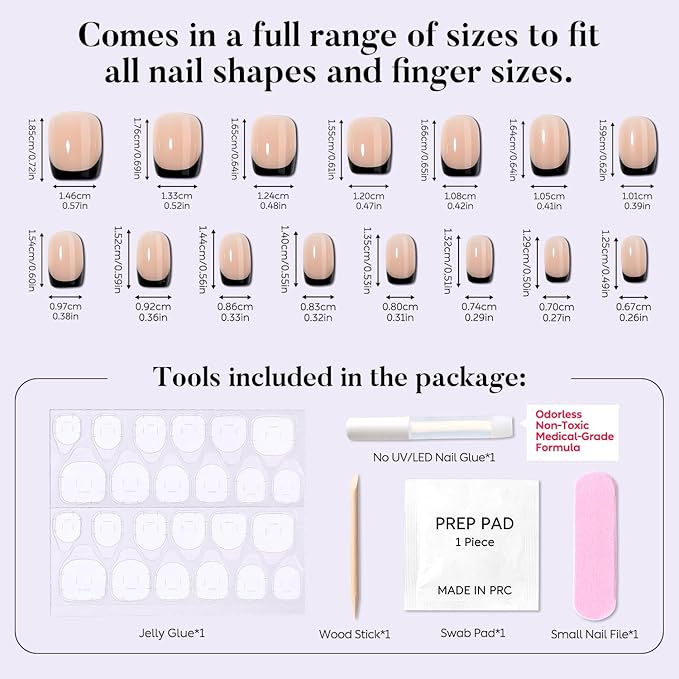 Luxbon Press On Nails with No-Cure Nail Glue and Tool Kit – French Manicure Glue On Nails 30-32pcs Full Size Set, Reusable Fake Nails for Women, Salon Look at Home, Black