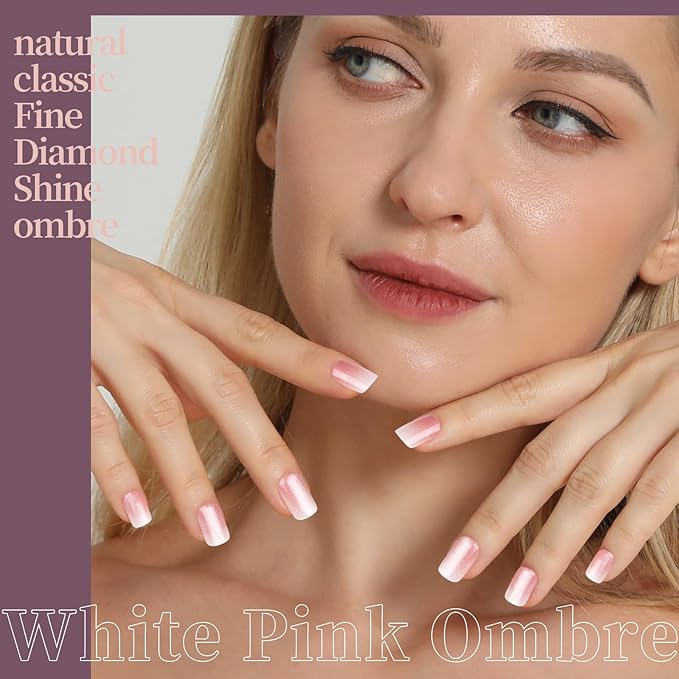 FANDAMEI Press on Nails, 6 Colors Chrome Press on Nails Short, Cat Eye Nails Short Round, Natural Fake Nails with Chrome Mirror Effect, Super Shiny Ombre, Glossy for Women with Salon Quality