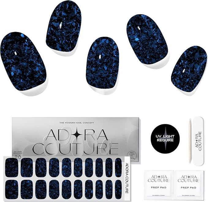 Semi Cured Gel Nail Strips with 20 Pieces - UV Gel Stickers, Manicure Kit, Easy Application Wraps Includes Prep Pads, Nail File, Wooden Stick - UV Light Required (Black Amethyst)